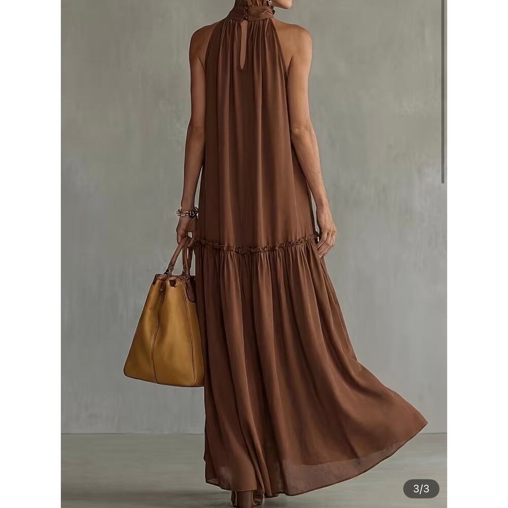 Women' Retro Ruffled Mock Neck Sleeveless Maxi Dress - Picture 3 of 4